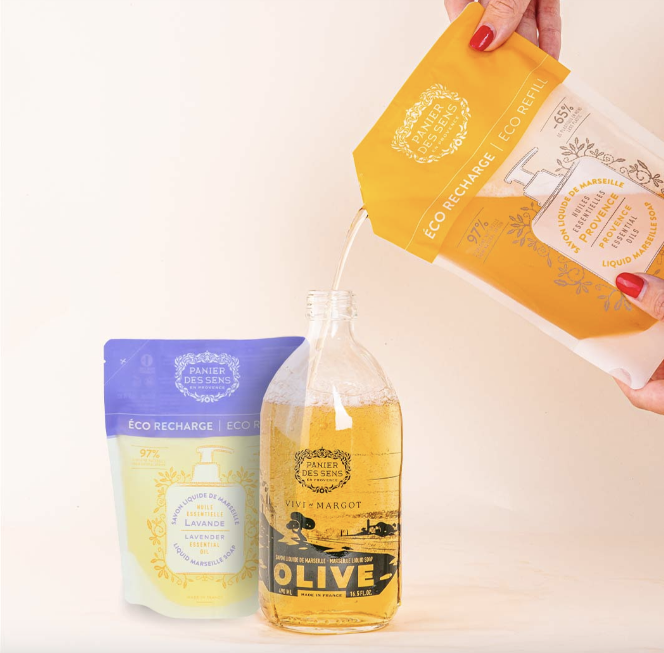 Savon liquide Olive + 5 recharges - Lavande Provence Rose Jasmin Fleur d'Oranger