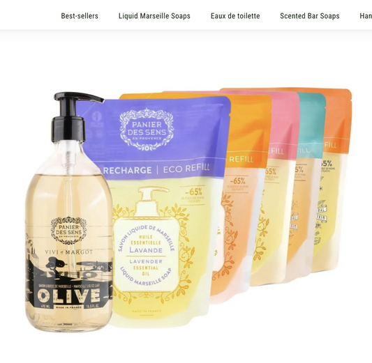 Savon liquide Olive + 5 recharges - Lavande Provence Rose Jasmin Fleur d'Oranger