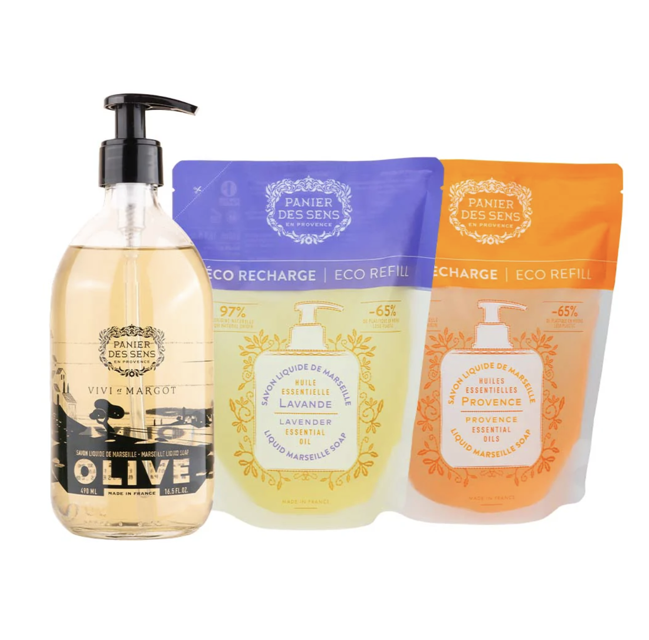 Savon liquide Olive + 2 recharges - Fleur D'Oranger, Lavande