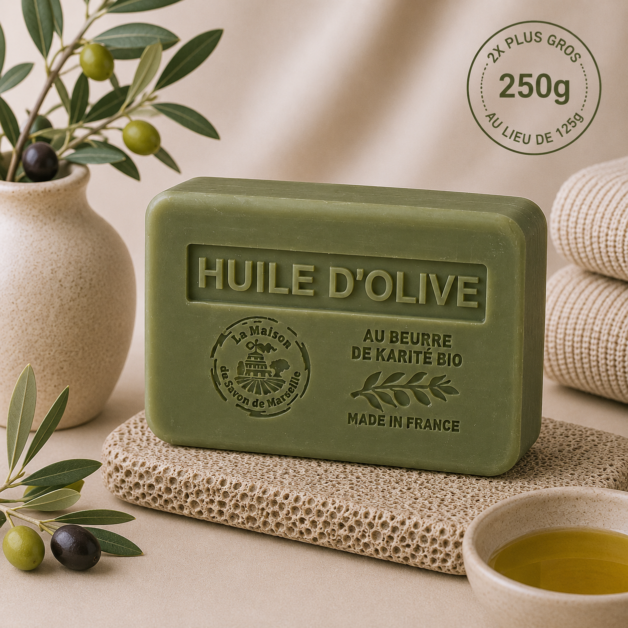 Savon solide parfumé à l'Huile d'Olive - Au beurre de karité bio 250g
